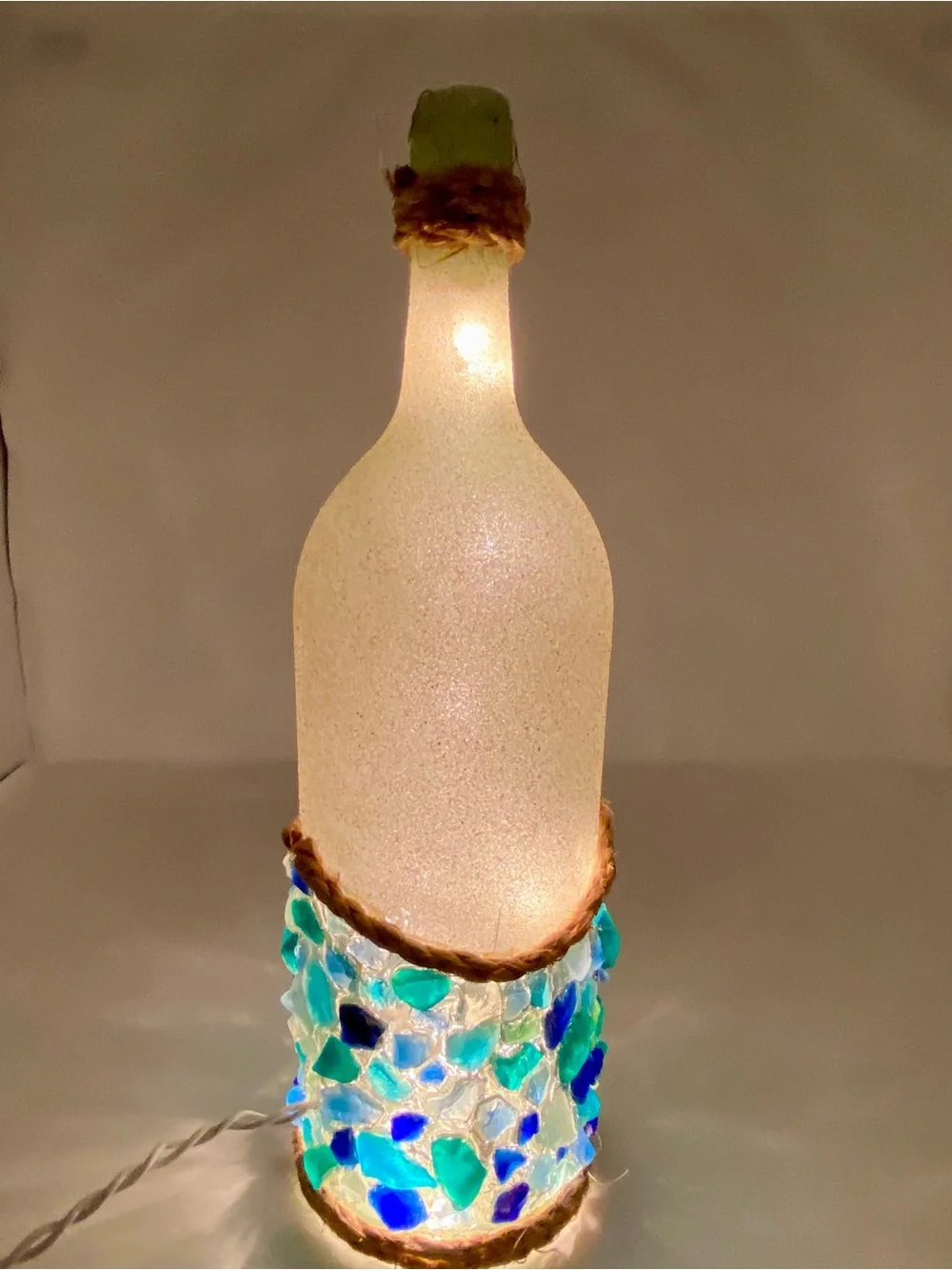 Handmade 1.5L Sand & Seaglass Light Up Coastal Decor with Rope Detail